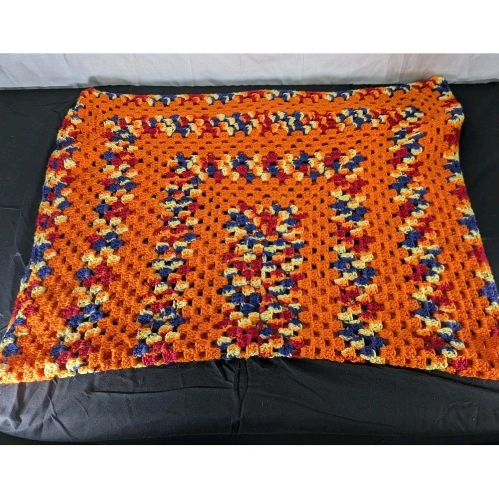 Vtg Autumn Inspired Hand Knitted Afghan Throw Orange Yellow Blue Red 48